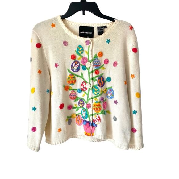 Michael Simon Sweaters - Michael Simon Easter Ivory Cream Beaded Embroidered Cardigan Sweater size large